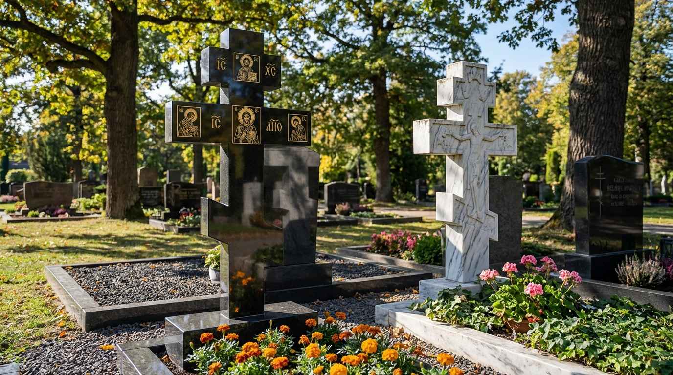 Гранитный чёрный крест с зеркальной полировкой и белый мраморный крест на благоустроенных участках кладбища